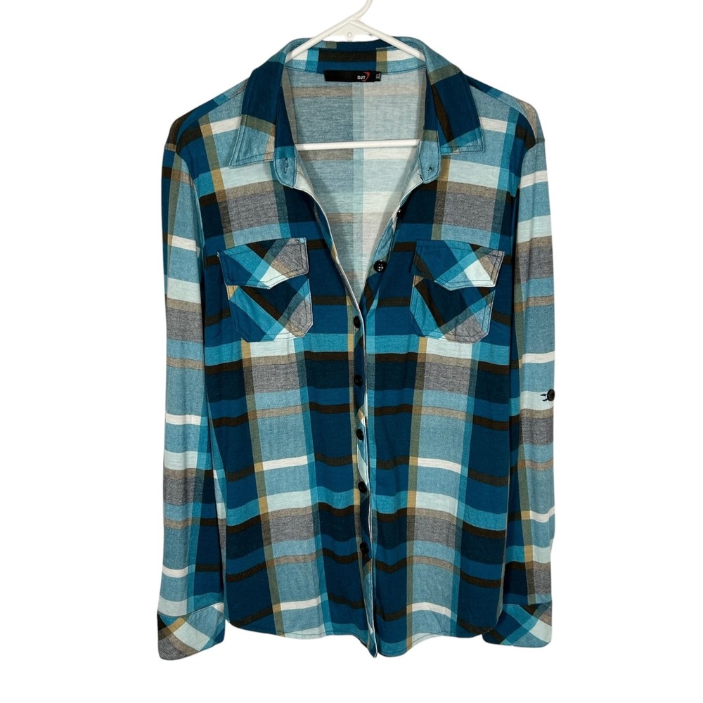 DJT Womens Green Plaid Roll Tab Sleeve Button Down Shirt XL Pockets Stretch